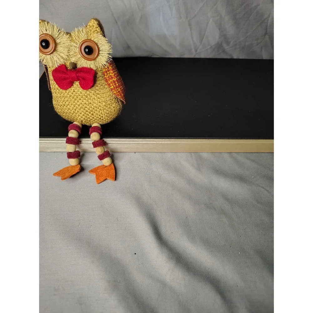 Rustic Burlap Owl Shelf Sitter Autumn Fall Decor Button Eyes Beaded Legs